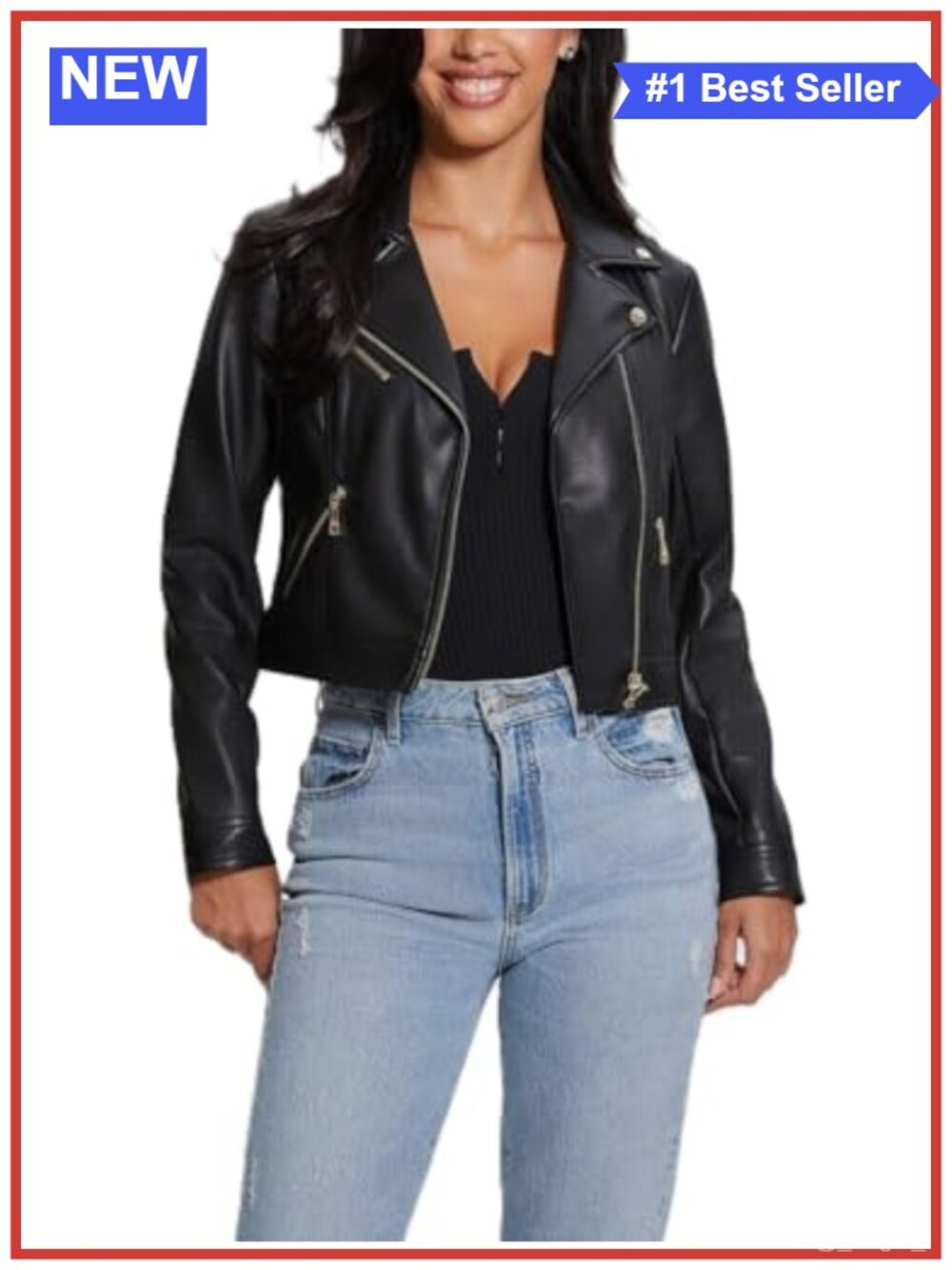 Faux Leather Cropped Moto Jacket Long Sleeve Zip Pockets Snap Lapels